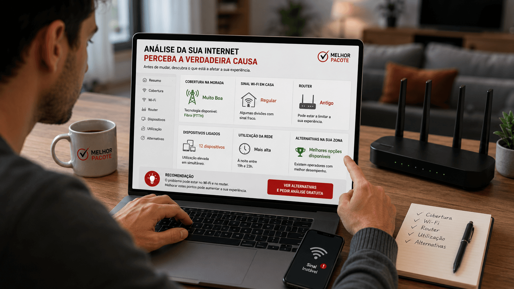Pessoa ou família a analisar qualidade da internet, router, cobertura e alternativas num portátil
