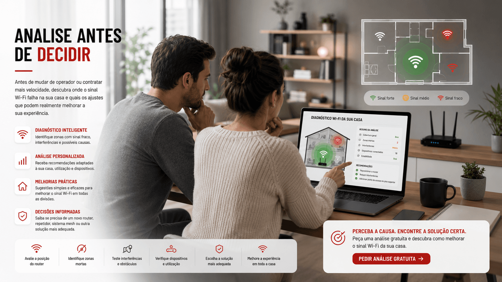Pessoa a analisar cobertura Wi-Fi dentro de casa e possíveis melhorias