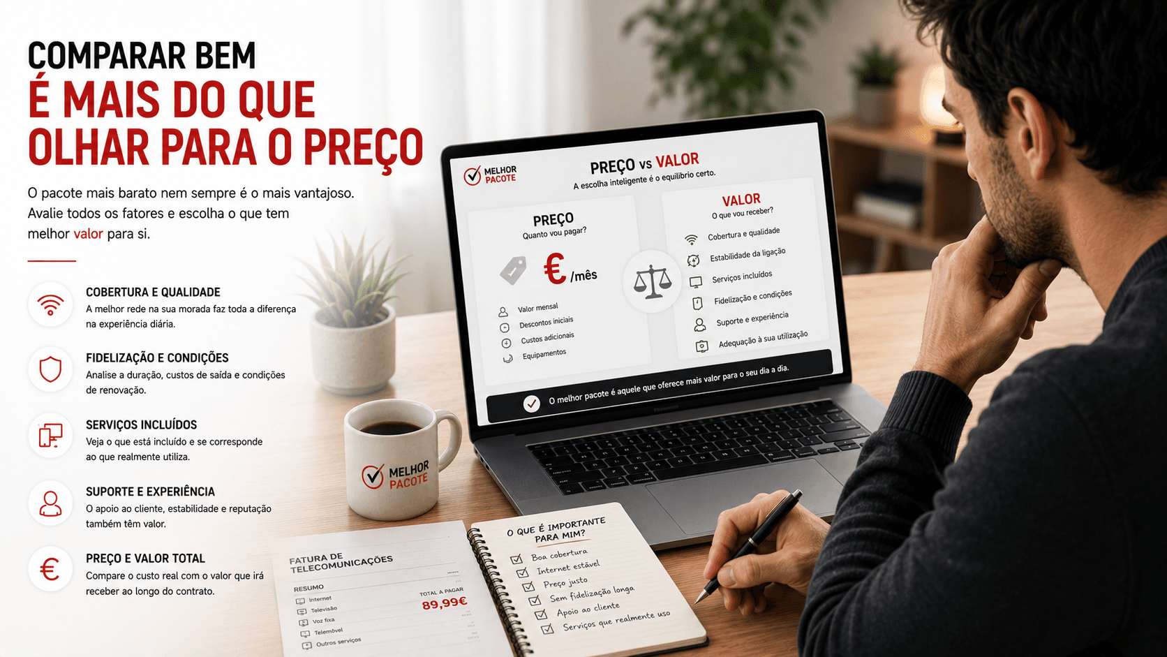 Pessoa a comparar pacotes com foco em preço, cobertura, fidelização e valor real