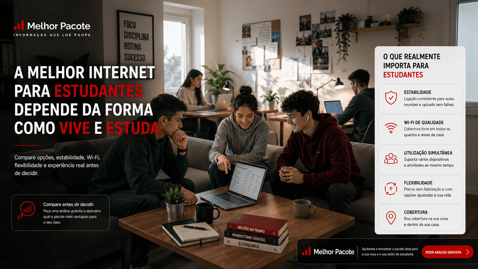 Estudantes modernos a comparar opções de internet num apartamento universitário