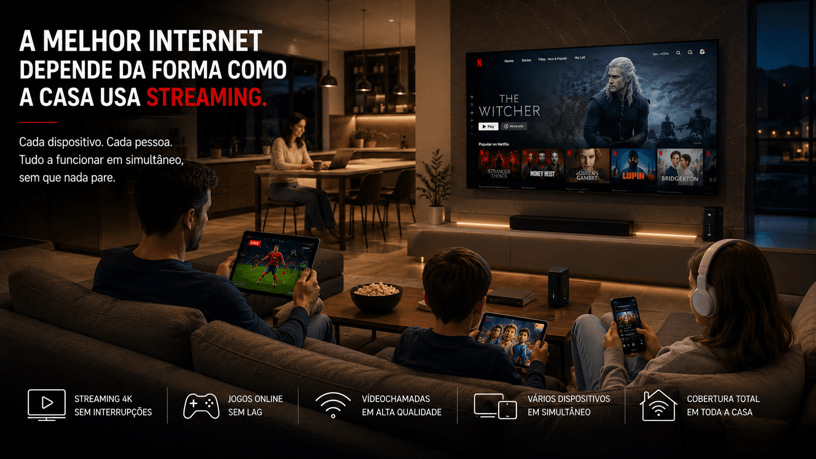 Família moderna a utilizar streaming simultâneo em vários dispositivos