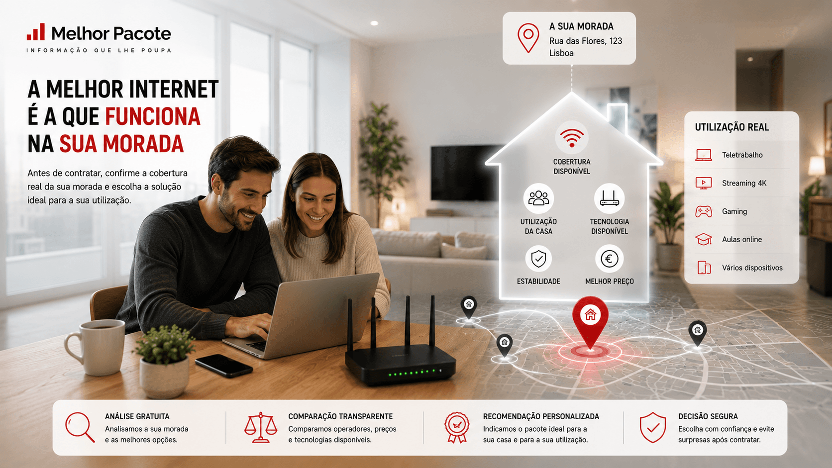 Pessoa a comparar opções de telecomunicações e poupança mensal