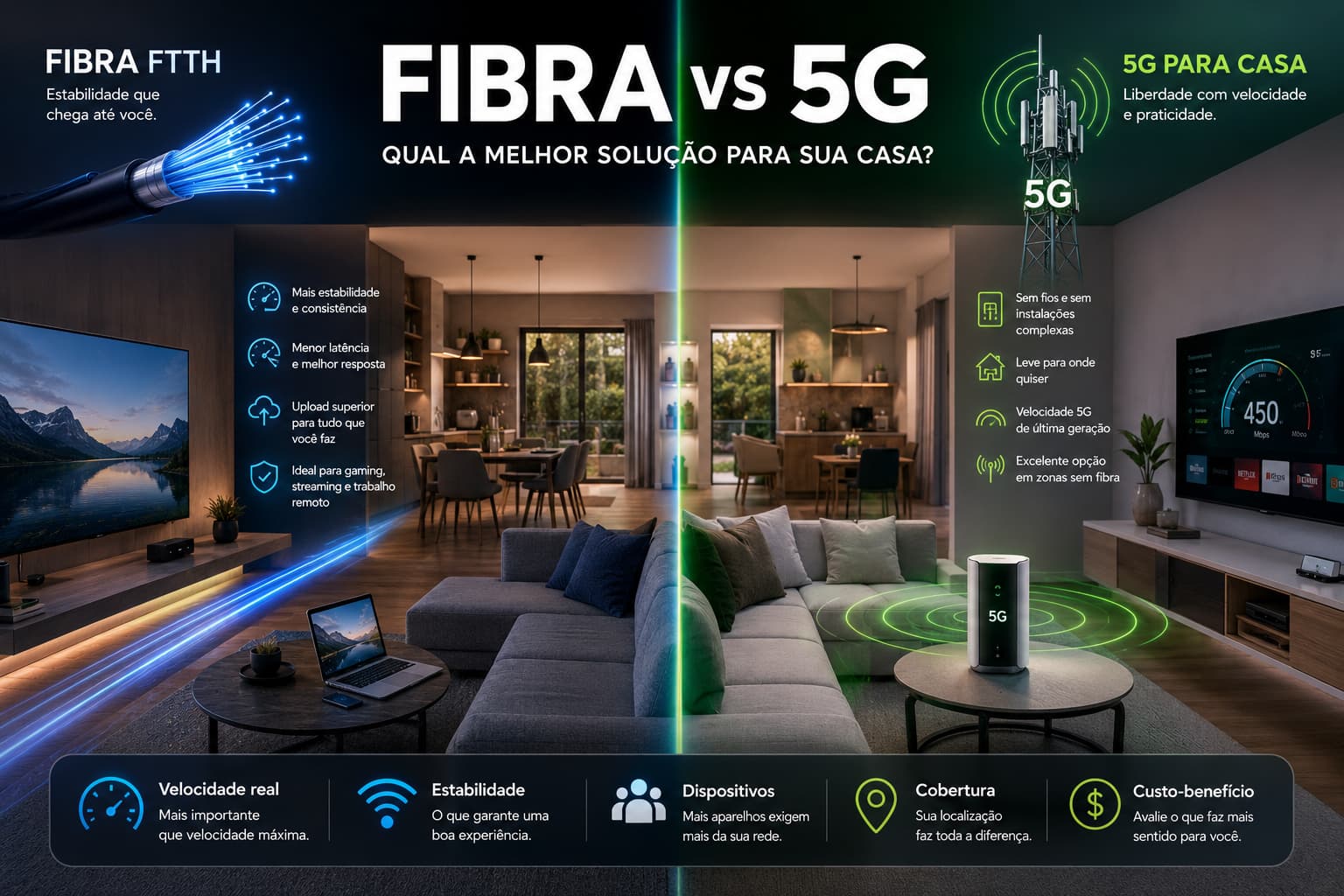 Casa moderna dividida entre infraestrutura fibra e router 5G