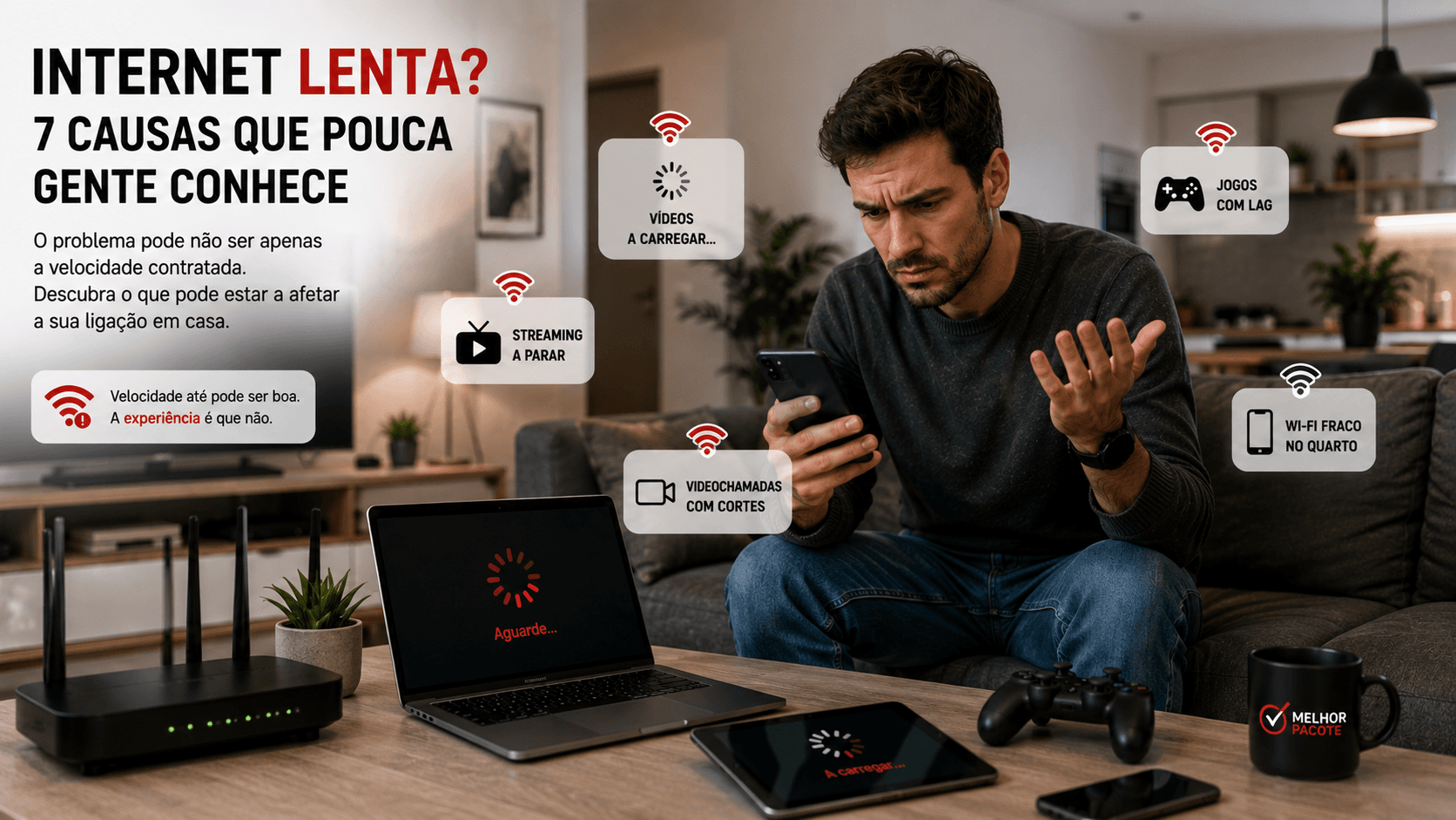 Pessoa em casa moderna frustrada com internet lenta enquanto vários dispositivos estão ligados