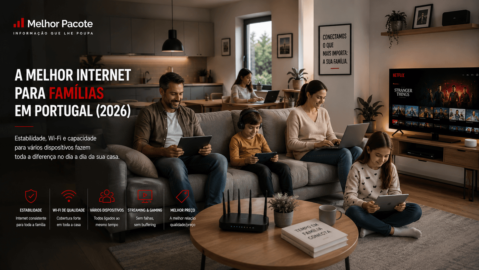 Família moderna em casa com múltiplos dispositivos ligados