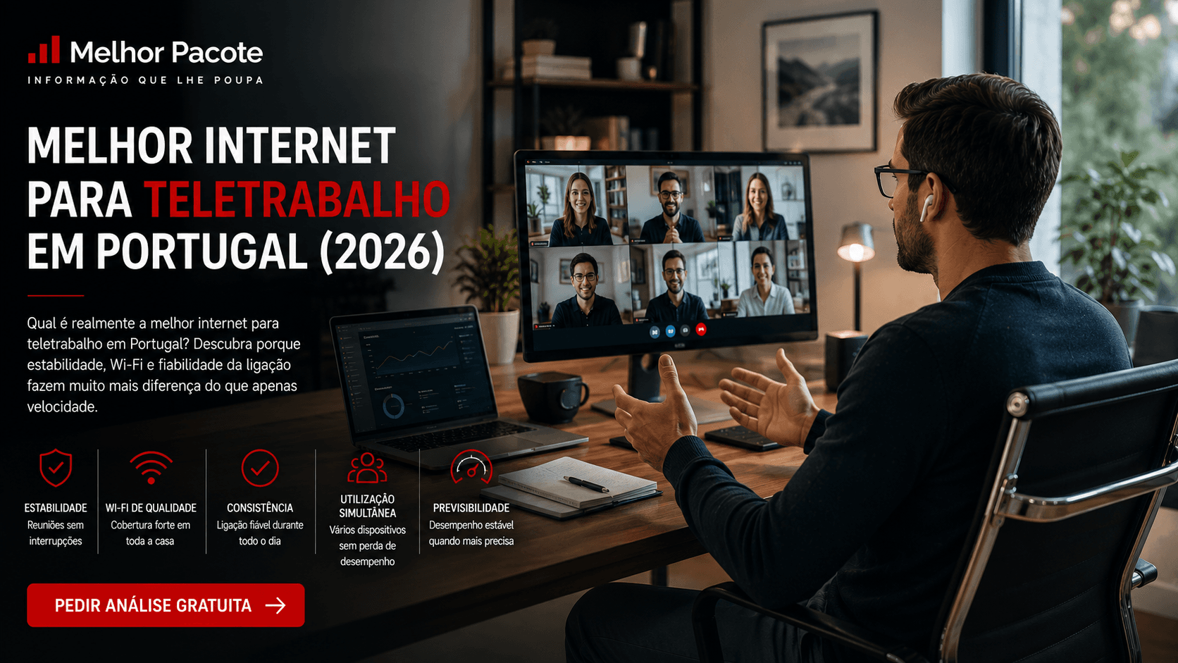 Profissional moderno em home office durante videochamada estável