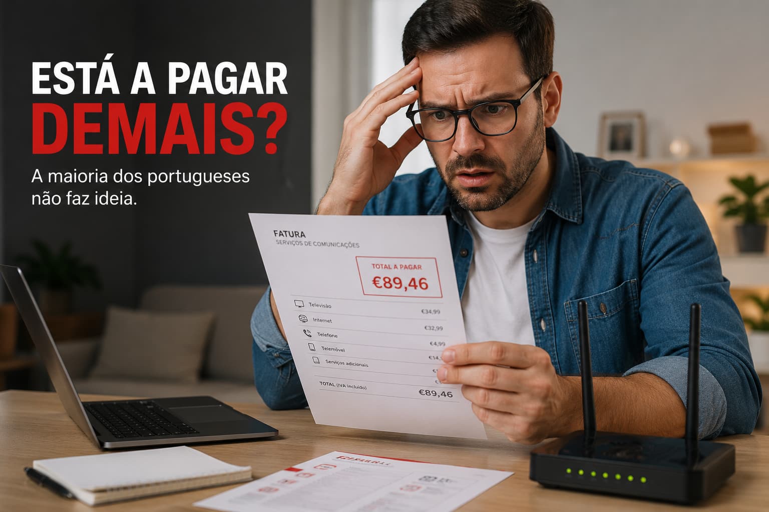 Pessoa a analisar uma fatura elevada de telecomunicações