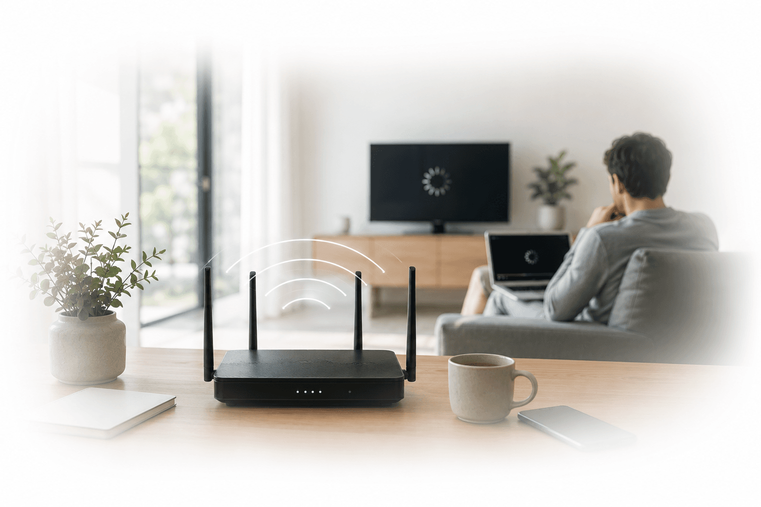 Router Wi-Fi numa casa moderna com utilizador a ter problemas de internet
