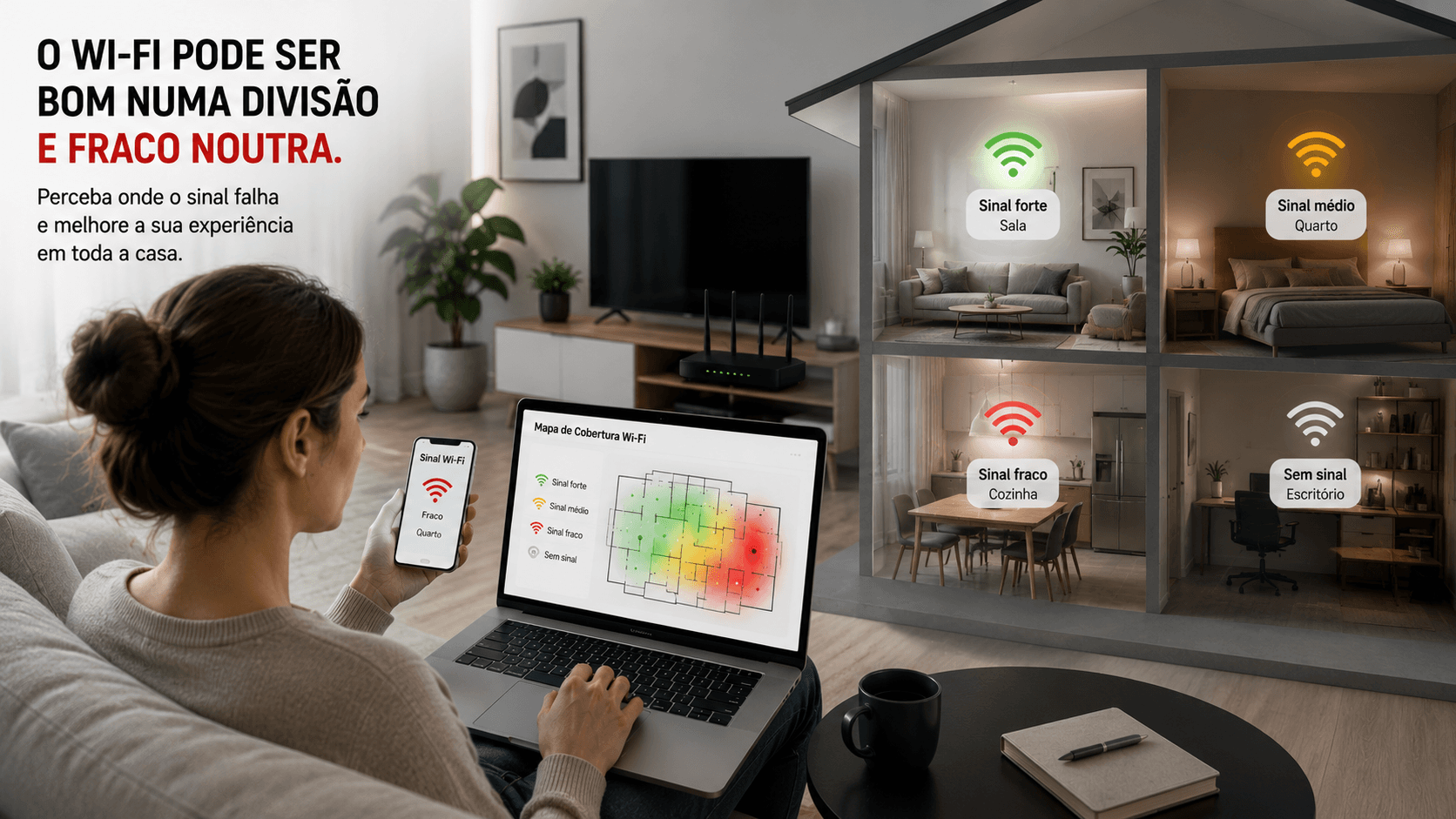 Pessoa em casa moderna a perceber que o Wi-Fi funciona bem numa divisão mas falha noutra