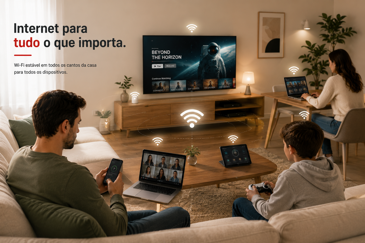 Casa moderna com vários dispositivos ligados em simultâneo